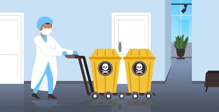Vector scientist in mask pushing biohazard containers with skull and bones on trolley stop coronavirus epidemic mers-cov concept wuhan 2019-ncov pandemic health risk full length horizontal