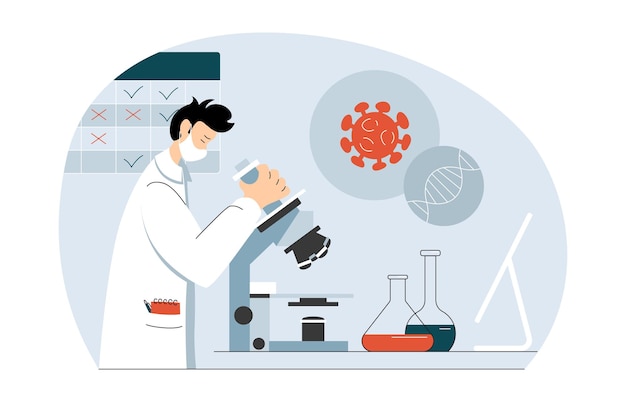 Scientist at microscope in biochemical lab developing coronavirus vaccine for covid vaccination