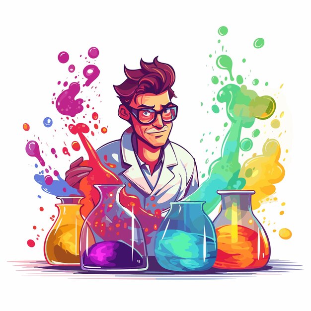 Scienziato che mescola liquidi vibranti colorati in provette illustrazione vettoriale