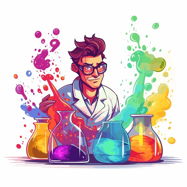 Scientist mixing vibrantcolored liquids in test tubes Vector illustration