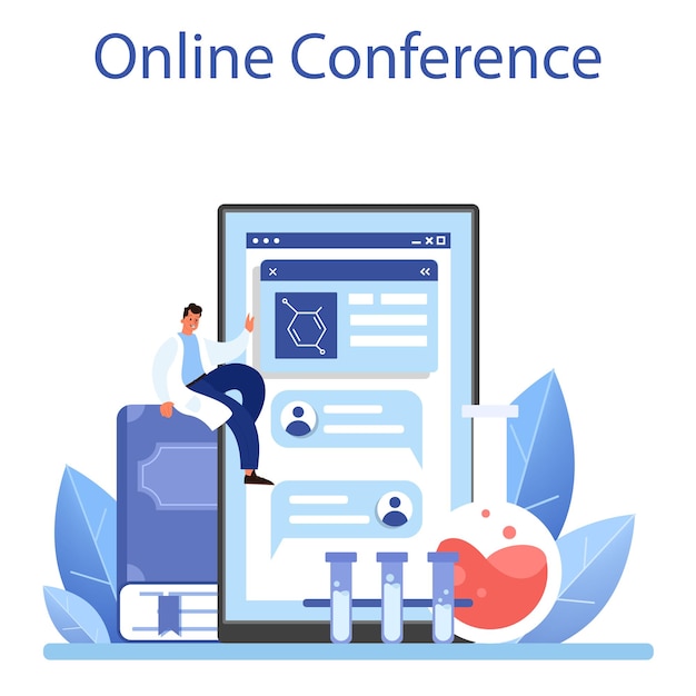 Scientist online service or platform. idea of education and innovation. biology, chemistry, medicine. online conference. flat vector illustration