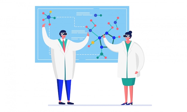 La gente dello scienziato nell'illustrazione del laboratorio dell'innovazione, medici del fumetto che lavorano alla ricerca in chimica su bianco