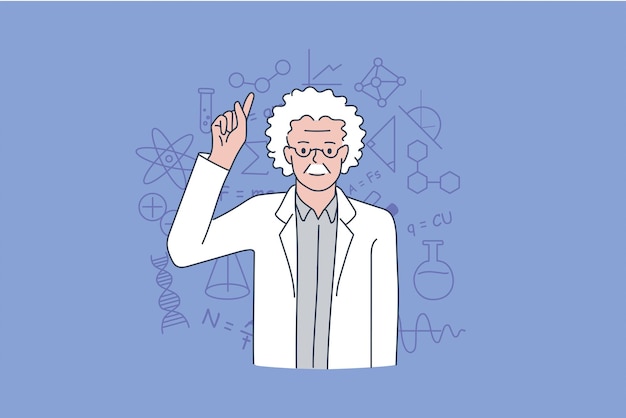 과학자 및 물리학자 개업 개념입니다. 배경 벡터 일러스트 레이 션을 통해 기호 위에 손가락을 보여주는 오래 된 회색 머리 남자 과학자 서