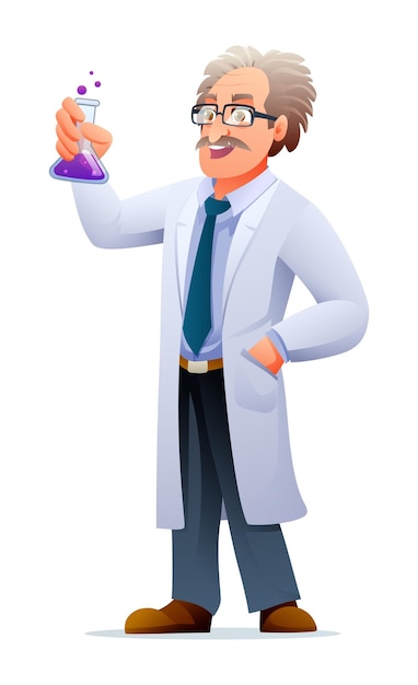 Professore di scienza che indossa un cappotto da laboratorio che tiene in mano un tubo di prova illustrazione di personaggi di cartoni animati vettoriali