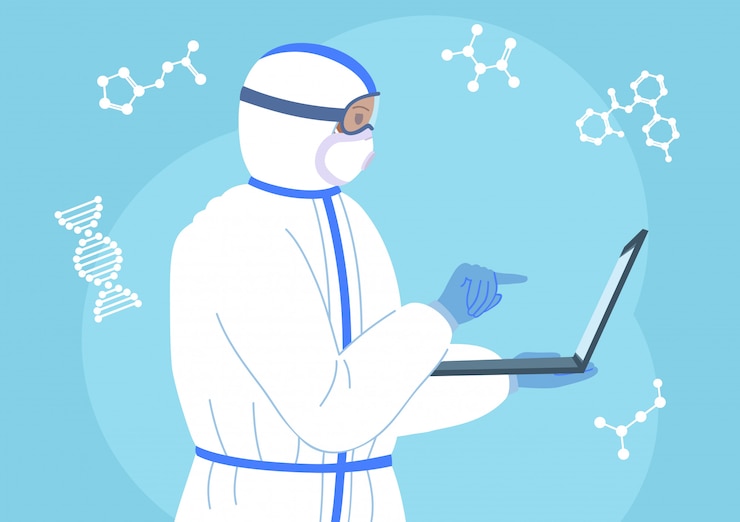 Vector scientist professor works on laptop in protective suit, mask. chemical lab research flat cartoon character. discovery vaccine coronavirus. assistant, medical worker laboratory. illustration