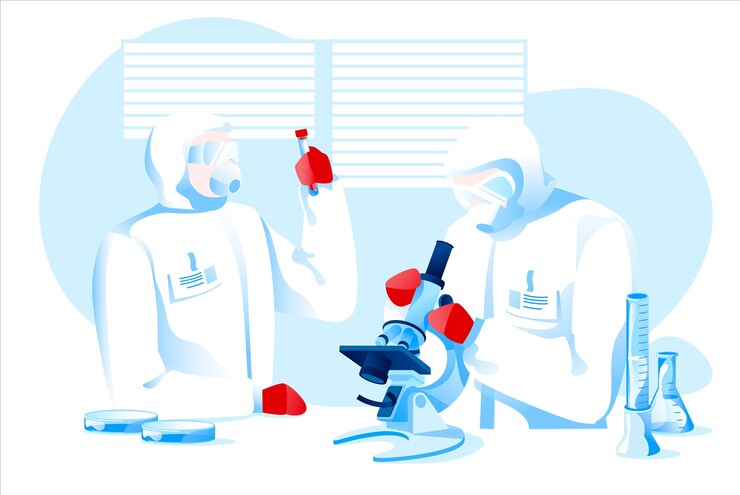Vector scientist in protection suits making research vaccine for pandemic