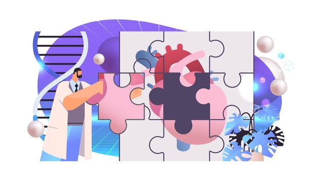 scientist putting puzzle pieces of anatomical heart human body internal organ medicine science healthcare problem solution concept horizontal vector illustration