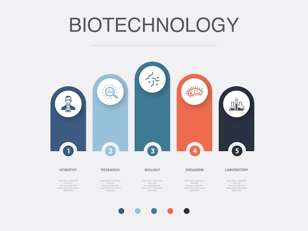 Scienziato ricerca biologia organismo laboratorio icone modello di layout di progettazione infografica concetto di presentazione creativa con 5 passaggi