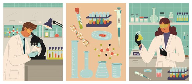 Vector scientist researchers working at laboratory vector illustration scene man and woman chemists profession different equipment and tools for experiments design