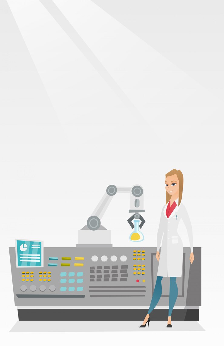 Vector scientist and robotic arm conducting experiments