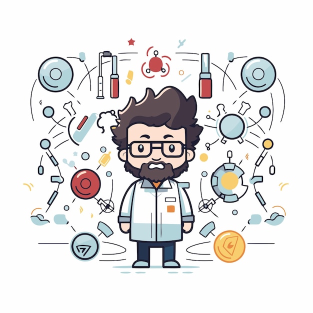 Vector scientist in science lab coat and glasses vector linear illustration