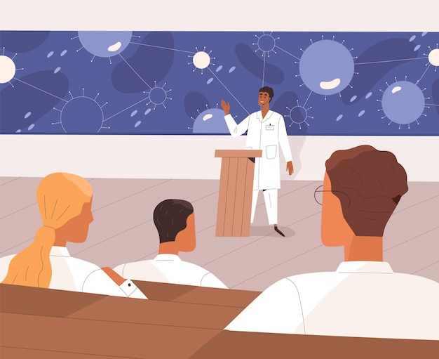 Vector scientist speaker at medical conference, speaking to doctors audience. people at medicine and healthcare event, scientific congress. professors speech at health symposium. flat vector illustration.