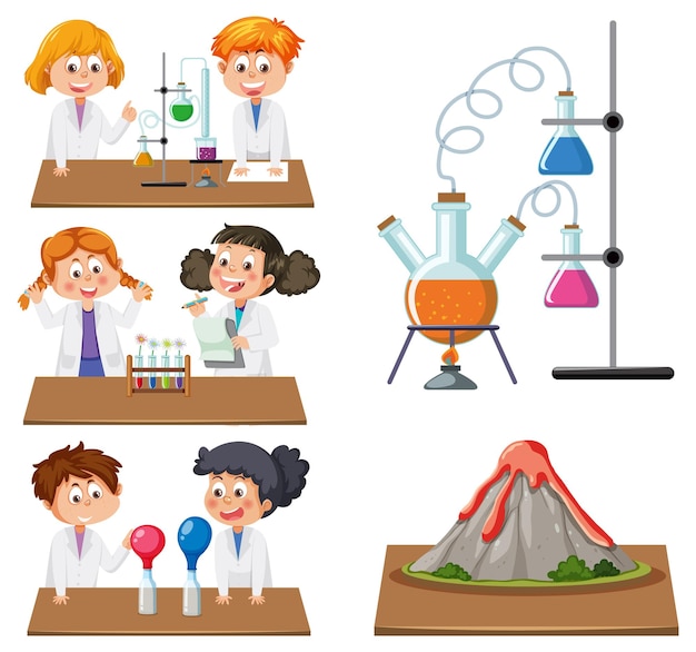 Vector scientist and student doing chemistry experiment