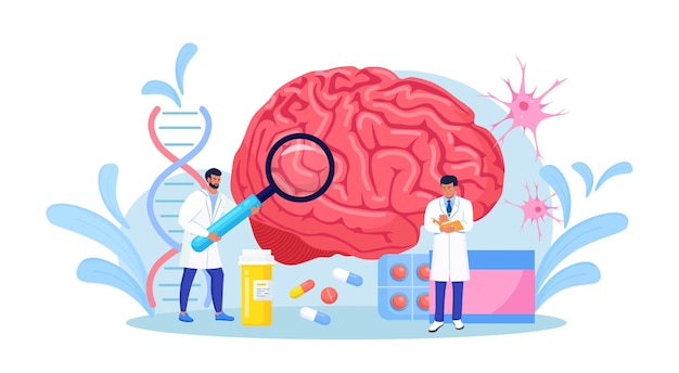 벡터 과학자는 인간의 두뇌와 심리학을 연구합니다. 신경과 의사의 캐릭터는 거대한 장기와 진단 제어 약 치료를 검사합니다. 신경과 질환 진단. 두통, 편두통 치료.