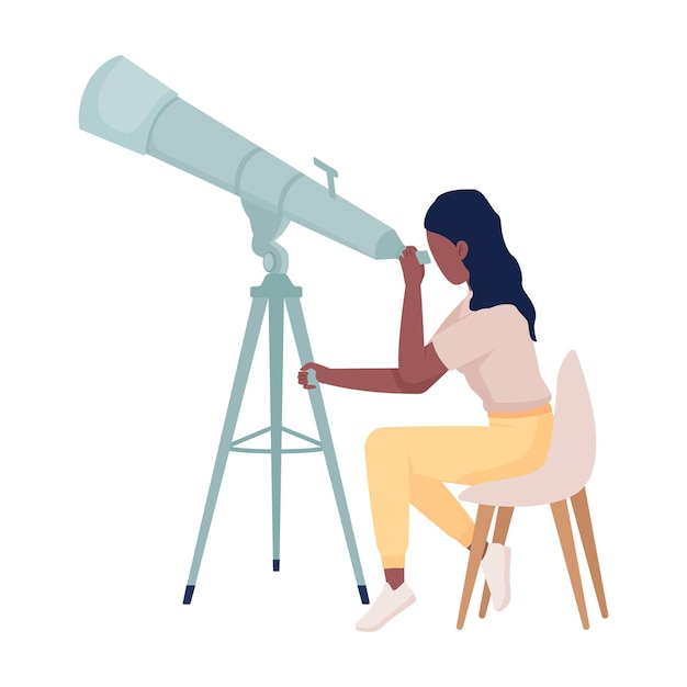 Vector scientist studying stars with telescope semi flat color vector character