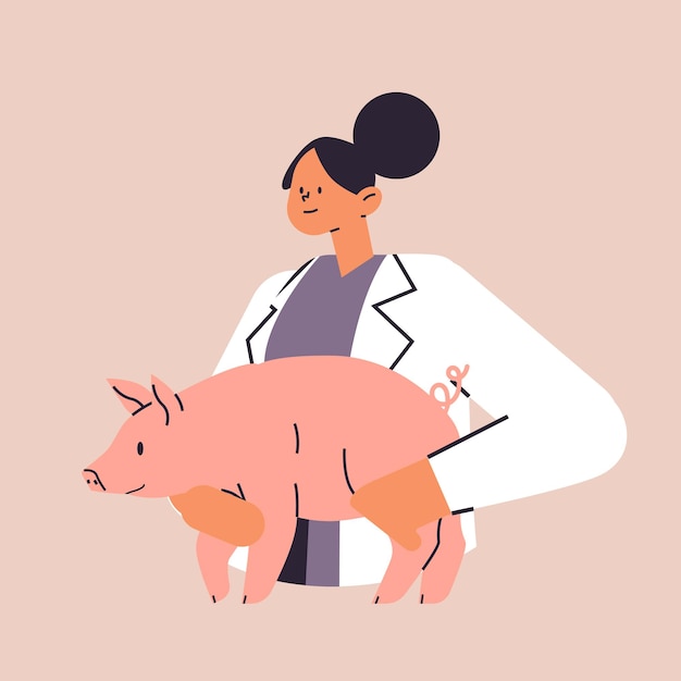 Scientist or veterinary worker doing experiments in lab with experimental pig biological genetic engineering research portrait vector illustration