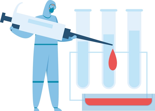 scientist wearing hazmat suit dropping blood sample into test tube using a giant syringe doing scientific experiment in laboratory