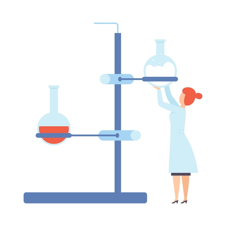 Vector scientist woman holding a flask with white liquid vector illustration