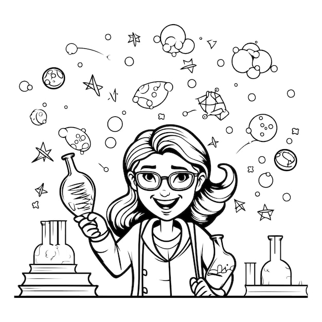 Vector scientist woman with chemical experiment vector illustration in black and white