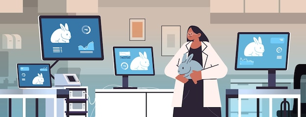Vector scientist work on desktop with rabbits on screens veterinary worker doing experiments in lab biological genetic engineering research modern laboratory interior portrait horizontal vector illustration