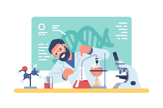 Scientist working. Chemist experience. New vaccine development. Researcher mixes reagents in glass test tubes. Chemistry or pharmacy lab with burner and microscope. Genetic engineering. Vector concept