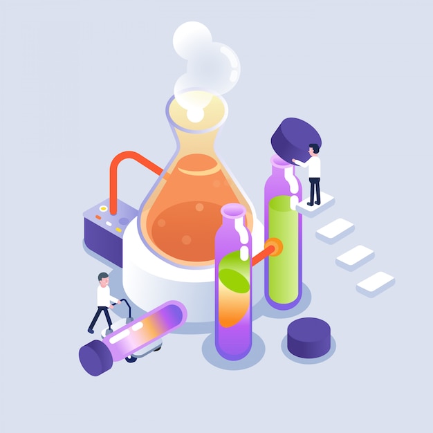 Vector scientist working in laboratory in isometric style