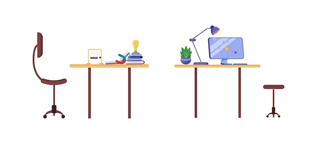 Scientist workplace flat color object set. University research table with computer. Laboratory workstation isolated cartoon  