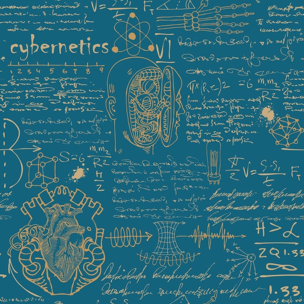 Scientistinventor with formulas and sketches of robots