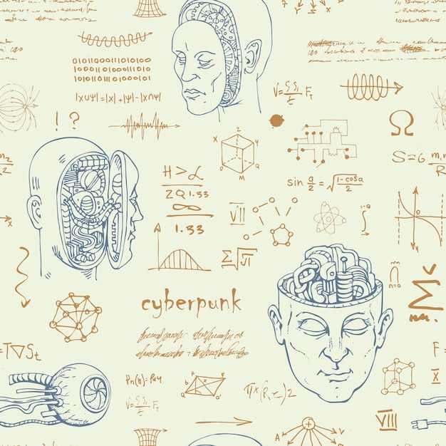 Scientistinventor with formulas and sketches of robots