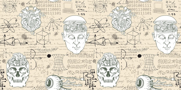 Scientistinventor with formulas and sketches of robots