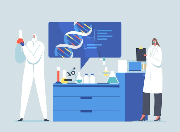 Vector scientists characters research work in scientific laboratory. medicine technology, genetic testing. geneticists with dna