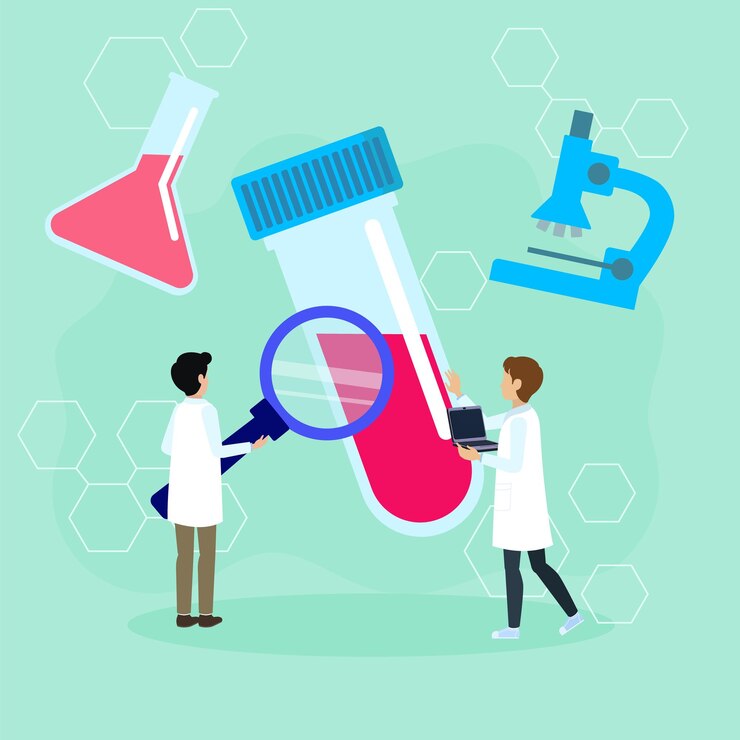 Vector scientists conducting laboratory research with test tubes and microscope