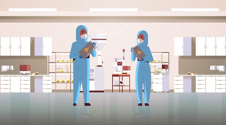 Vector scientists couple holding barrels with warning sign