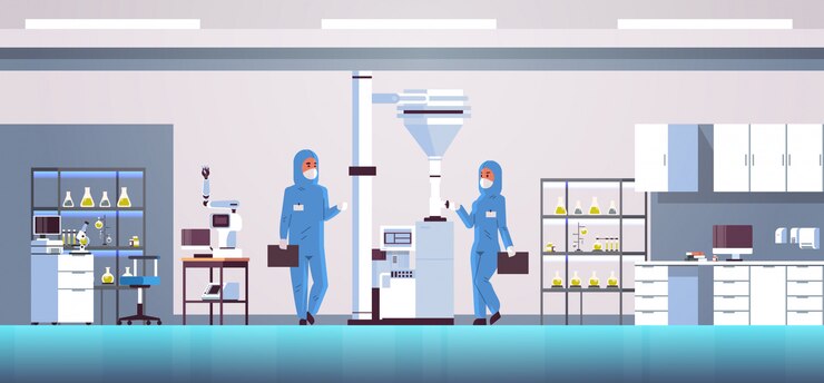 Vector scientists couple working with control panel pressing start button on special machine