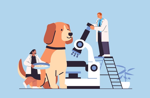 Vettore scienziati che fanno esperimenti in laboratorio con animali operatori veterinari con ricerca sperimentale di ingegneria genetica biologica per cani in laboratorio illustrazione vettoriale orizzontale