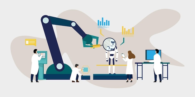 Scientists engineers building programming testing robot