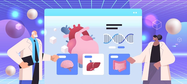 ベクトル デジタル画面で解剖学的な人体の内臓を調べる科学者 解剖学 医学 科学 ヘルスケア