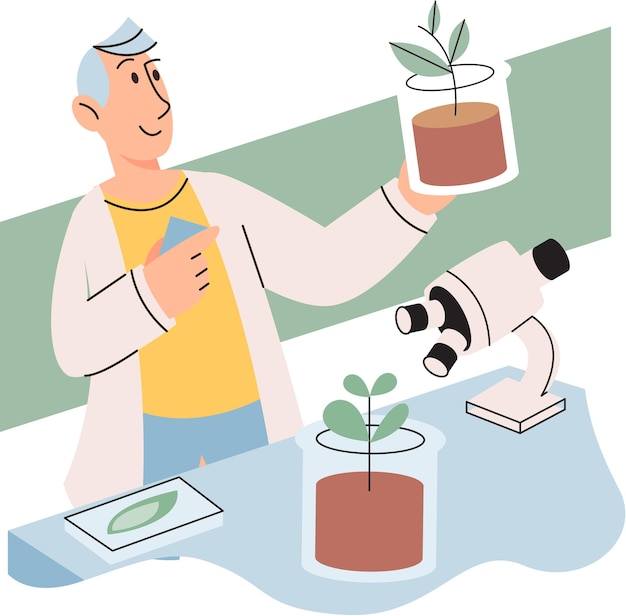 ベクトル 実験器具を使用して緑の植物を調べる科学者 環境保護の概念に関する環境に優しい技術の研究 生態学者は生物学研究所で研究を行い、自然を大切にします