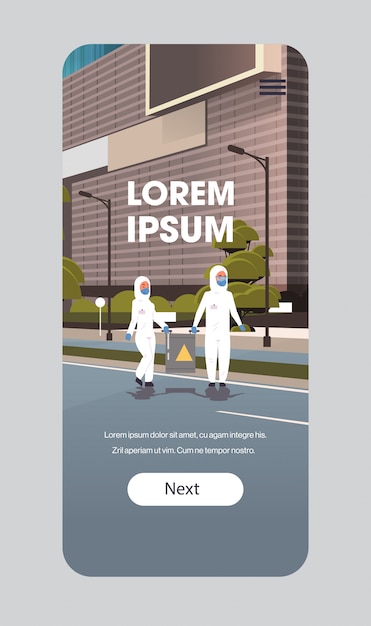 Scientists in hazmat suits carrying barrel with caution sign cleaning disinfecting coronavirus cells epidemic mers-cov virus wuhan 2019-ncov smartphone screen mobile app copy space