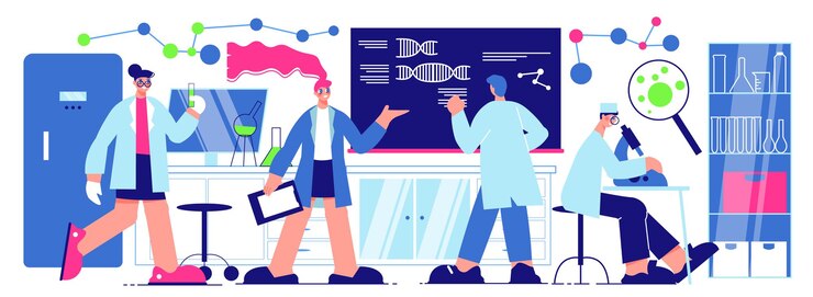 Vector scientists horizontal illustration with male and female characters working in science laboratory on innovative projects flat illustration