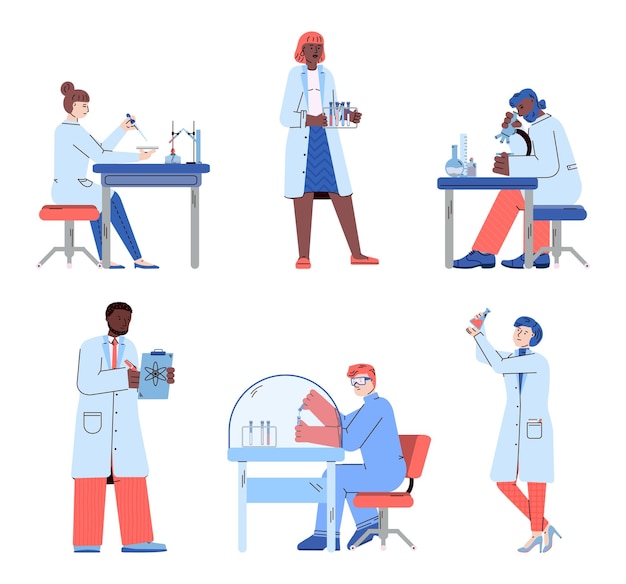 Scientists is laboratory  isolated set of cartoon people in lab coats