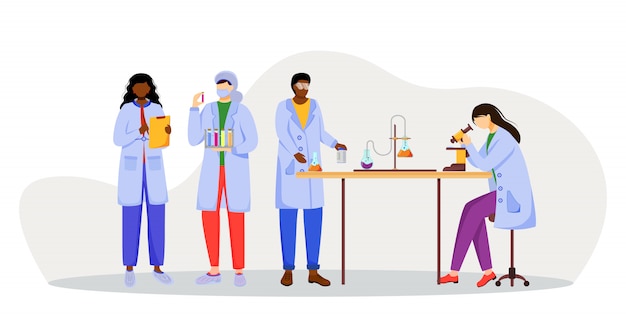 Scientists in lab coats   illustration. studying medicine, chemistry. conducting experiment. chemists with test tubes, microscope  cartoon characters on white background