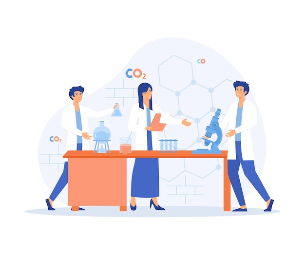 Scientists in lab People in white coat chemical researchers with laboratory equipment Drug development flat vector modern illustration