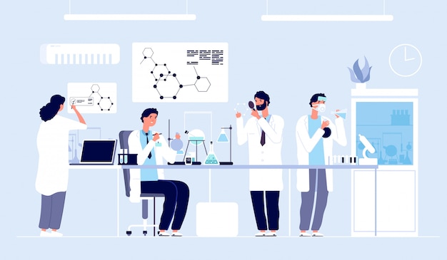 Scientists in lab. People in white coat, chemical researchers with laboratory equipment.