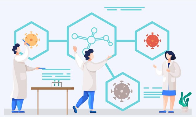 Scientists in laboratory People in white coat medical workers or chemical researchers doing tests