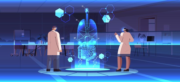 Vector scientists looking at virtual anatomical human body internal organs structure anatomy medicine vr vision headset innovation metaverse concept horizontal vector illustration