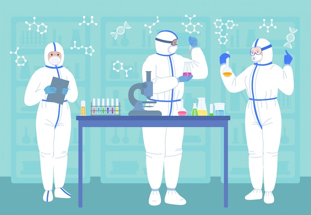 과학자 남성, 마스크 여성, 흰색 보호 복. 화학 실험실 연구 평면 만화 캐릭터입니다. 디스커버리 백신. 플라스크 과학자, 현미경