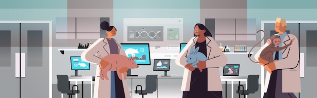 실험 동물 생물 유전 공학 연구와 함께 실험실에서 실험을 하는 과학자 또는 수의사 팀