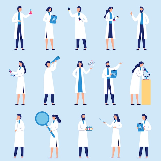 Scientists people. science lab worker, chemical researchers and scientist professor character   set