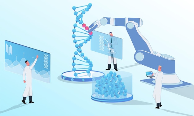 Vector scientists perform genetic analysis of dna in the lab around innovative graphics and technology